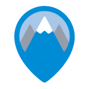 Blue location pin icon with a stylized white mountain peak and gray mountains in the background.