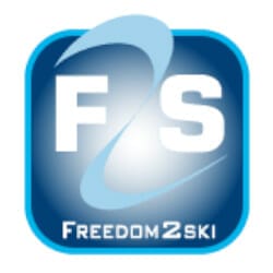 The image depicts the logo for Freedom2Ski. It features a stylized 'F' and 'S' in white over a blue gradient background with the brand name written underneath.