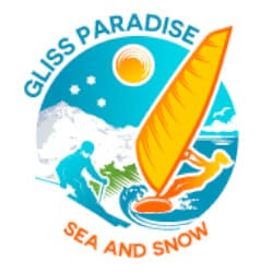 Logo of "Gliss Paradise" showing a skier, a snowboarder, and a windsurfer under the sun, with mountains and waves in the background, and text "Sea and Snow".