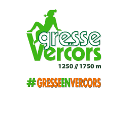 Logo with the text "Gresse en Vercors 1250 // 1750 m" and the hashtag "#GRESSEENVERCORS" inside a heart shape.