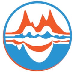 A circular logo with blue and orange abstract mountain and wave shapes mirrored along a horizontal axis.