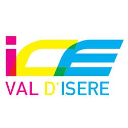 Logo of "ICE VAL D'ISERE" with "ICE" in multicolored capital letters and "VAL D'ISERE" in pink and blue capital letters, arranged with a white background.