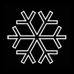 A white, stylized snowflake symbol with six symmetrical arms on a black background.