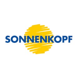 The image shows a logo with the word "SONNENKOPF" in blue text over a stylized yellow sun.