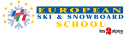 Logo of the European Ski & Snowboard School featuring snowflakes with a mix of UK and Italian flags, the school's name in blue and yellow text, and a small red "school" icon at the bottom right.