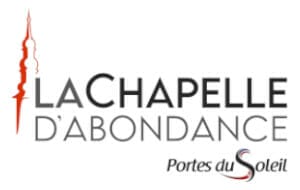 Logo of La Chapelle d'Abondance, featuring stylized text and a minimalist graphic of a church steeple on the left. The phrase "Portes du Soleil" is included below in smaller text.