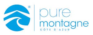 Logo of Pure Montagne Côte d'Azur with a stylized blue mountain and wave graphic beside the text "pure montagne" in light blue font.