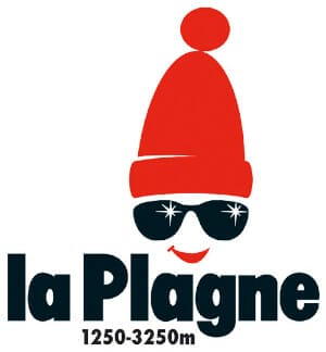 Logo of La Plagne ski resort featuring a red hat with a pom-pom, sunglasses, and the text "la Plagne 1250-3250m.