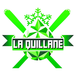 Green logo with a stylized snowflake and gem shape, crossed skis in the background, and the text "La Quillane" in bold letters.