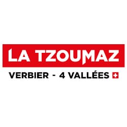 Logo of La Tzoumaz Verbier - 4 Vallées, featuring bold red text with a white and red Swiss flag icon.