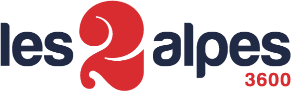 Logo of Les 2 Alpes ski resort features "les 2 alpes 3600" in dark blue and red text on a transparent background.