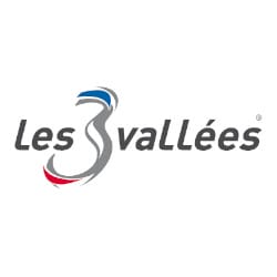 Logo of Les 3 Vallées showing stylized text with a design incorporating red, blue, and gray swooshes.