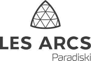 Logo for Les Arcs Paradiski featuring a geometric mountain design above the text "LES ARCS" and "Paradiski" beneath it.