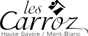 Logo of "les Carroz," featuring stylized text with a skiing figure above it and the tagline "Faucigny-Mont-Blanc" below.