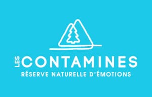 Logo of Les Contamines with white text "Réserve Naturelle d'Émotions" below a simple line graphic of two trees inside a triangle, all on a light blue background.