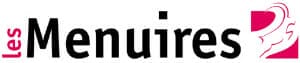 Logo of Les Menuires with black text on a white background and a red graphic of a stylized face on the right side.