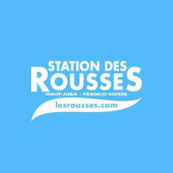 Logo of "Station des Rousses" with a blue background, featuring the text "Haut-Jura - Franco-Suisse" and the website "lesrousses.com.