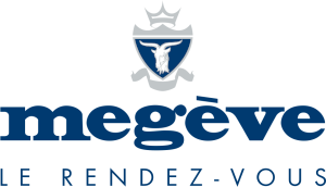 Logo of Megève Le Rendez-Vous, featuring a blue and white crest with a mountain goat and a crown on top, with the text below it.