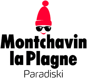 Logo for Montchavin La Plagne Paradiski featuring a stylized character wearing a red hat and sunglasses, with the text "Montchavin la Plagne Paradiski" below.