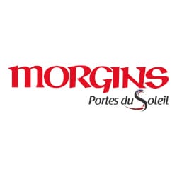 Logo with the word "Morgins" in red stylized font and "Portes du Soleil" in smaller black text below, accompanied by a curved line.