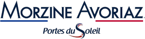 Logo with the text "Morzine Avoriaz" in blue and red, and "Portes du Soleil" in blue beneath. The letter "S" in "Soleil" forms a swoosh.