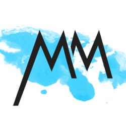 Stylized black "MM" letters in front of a blue watercolor splash background.