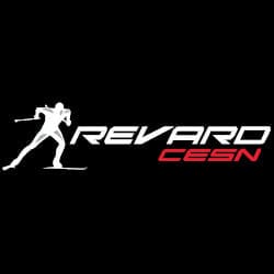 Logo featuring a silhouette of a biathlete with the text "REVARD" in bold white letters and "CESN" in smaller red letters, set against a black background.