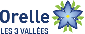 Logo of Orelle, Les 3 Vallées, featuring a blue flower with green leaves and the text "Orelle Les 3 Vallées.