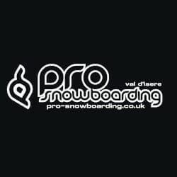 Logo of Pro Snowboarding with text "pro snowboarding val d'isere" and website "pro-snowboarding.co.uk" on a black background.
