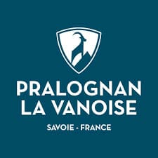 Logo with a depiction of a mountain goat on a mountain peak enclosed in a shield above the text "PRALOGNAN LA VANOISE" and "SAVOIE - FRANCE" on a teal background.