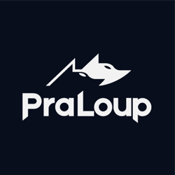 Logo with stylized wolf face and mountain outline above the text "PraLoup" on a dark background.