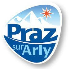 The image features the logo for "Praz sur Arly," showcasing mountain peaks and a red star above the text against a blue and white background.