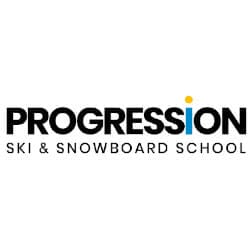 Logo of Progression Ski & Snowboard School with the word "Progression" in bold black letters. The letter "I" is blue with a yellow dot. Below, the text reads "Ski & Snowboard School" in smaller black letters.
