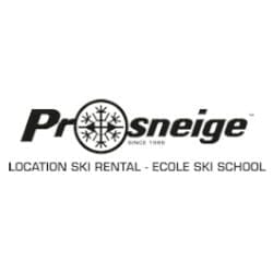 Prosneige logo with a snowflake graphic. Text reads: 'LOCATION SKI RENTAL - ECOLE SKI SCHOOL.'.