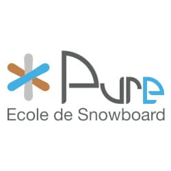Logo of "Pure Ecole de Snowboard" featuring stylized text and a graphic element composed of two crossed lines forming an asterisk-like shape.