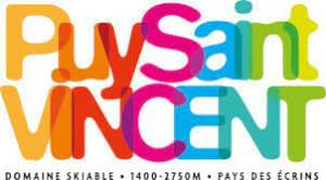 Colorful logo of Puy Saint Vincent with text "Domaine Skiable 1400-2750m Pays des Écrins" below it.