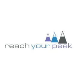 Logo featuring three triangular mountain peaks in varying sizes and colors above the text "reach your peak" in lowercase letters.