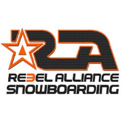 Logo of Rebel Alliance Snowboarding featuring stylized "RA" letters and a star, with the text "Rebel Alliance Snowboarding" below in bold, uppercase font.