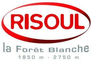 Logo of Risoul la Forêt Blanche with elevation range 1850 m to 2750 m, featuring red text for "RISOUL" and grey text for "la Forêt Blanche".