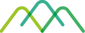A stylized graphic of three overlapping, curved lines in green and teal, forming a pattern resembling peaks or waves.