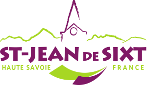 Logo of St-Jean de Sixt featuring stylized green mountains, a purple church outline, and the text "St-Jean de Sixt, Haute Savoie, France".
