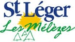 Logo of St. Léger Les Mélèzes with the text in blue and green. A yellow sun and three green tree outlines are also visible.