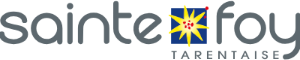 Logo of Sainte Foy Tarentaise with grey text "sainte foy" featuring a yellow and red starburst design inside a blue square and the word "Tarentaise" below.