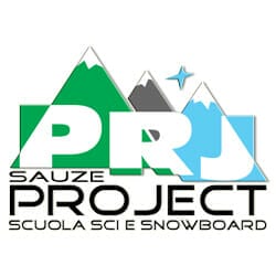 Logo of Sauze Project Scuola Sci e Snowboard, featuring stylized green and gray mountains with a blue star, and the text "PRJ" in large letters.
