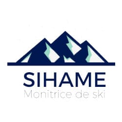 Logo featuring stylized blue mountains with white peaks. Below it is the text "SIHAME Monitrice de ski" in a minimalist font.