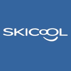 Blue logo with the word "SKICOOL" in white, featuring a stylized, smiling face incorporated into the "C" and "O.
