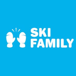 Logo with white text "Ski Family" on a blue background. Two white mitten icons are depicted, with one appearing to high-five the other.