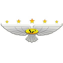A stylized eagle logo with five stars above it and the letters "SP" in an oval at the center of the eagle's body.