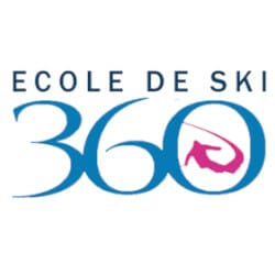 Logo of Ecole de Ski 360, featuring blue text and a stylized depiction of a skier in pink integrated into the number "360.