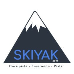 A logo features a stylized mountain with a snow-capped peak and the word "SKIYAK.com" in blue underneath. Below, it lists "Hors-piste - Freerando - Piste.